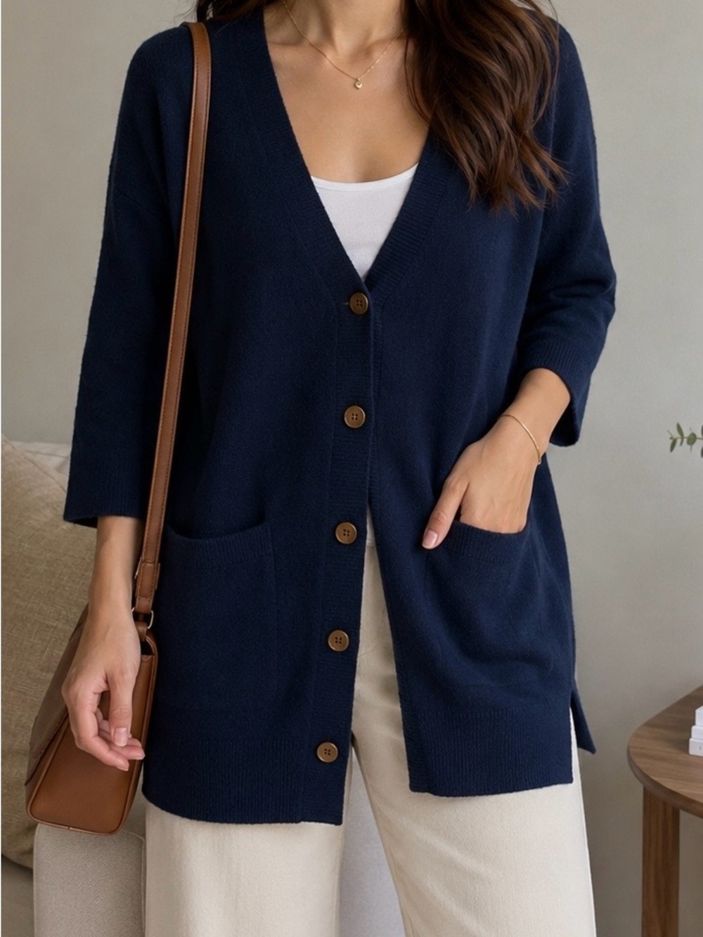 Navy V-Neck Button Front Cardigan with Patch Pockets